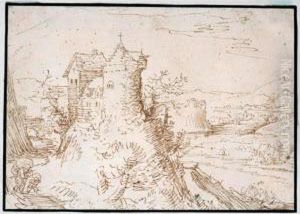 Mountainous River Landscape With A Tower On An Outcrop, And Travellers To The Left by Tobias van Haecht (see Verhaecht)