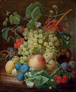 Grapes, cherries, peaches, greengages, plums, daisies and a butterfly on a marble ledge Grapes, cherries, peaches, greengages, plums, daisies and a butterfly on a marble ledge