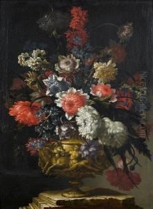 Peonies, Convolvulus And Other 
Flowers In Agolden Vase Decorated With A Classical Low-relief, On A 
Stonepedestal