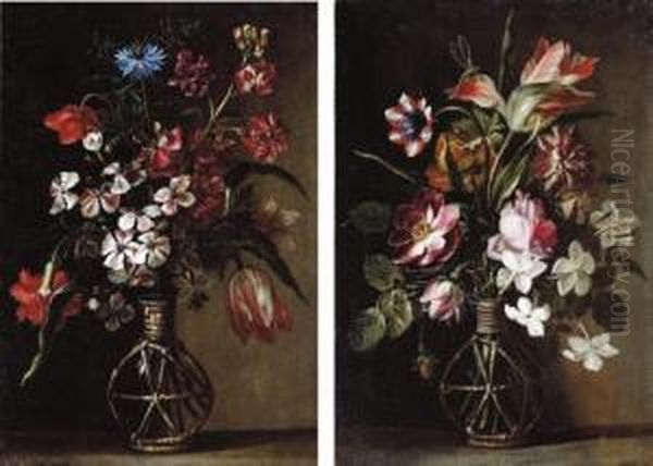 A Cornflower, A Tulip, A
Carnation And Other Flowers In A Glass Vase On A Stone Ledge; And A
Tulip, Roses, Jasmine And Other Flowers In A Glass Vase On A Stone
Ledge, With A Dragonfly - view 1
