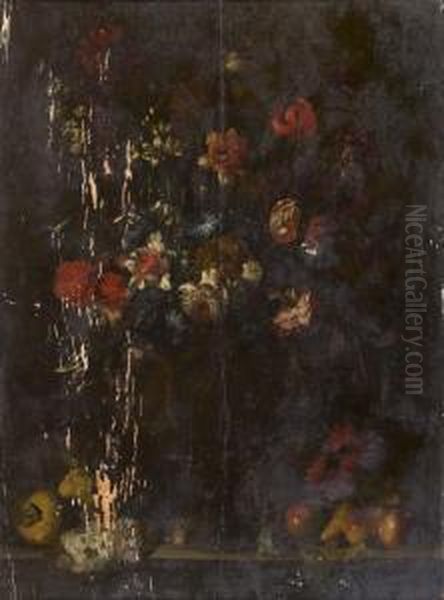 Bouquet De Fleurs Et Fruits Poses Sur Un Entablement - view 1