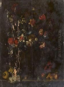 Bouquet De Fleurs Et Fruits Poses Sur Un Entablement by Andrea Scaccati
