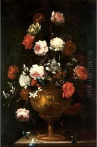 Still Life With Various Flowers In A Gilt Urn On A Stone Ledge by Andrea Scaccati