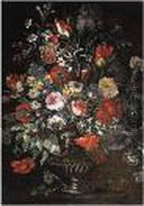 A Still Life Of Roses, Tulips, 
Irises, Daffodils, Carnations, And Other Flowers In A Gilt Ormolu Vase 
On A Ledge