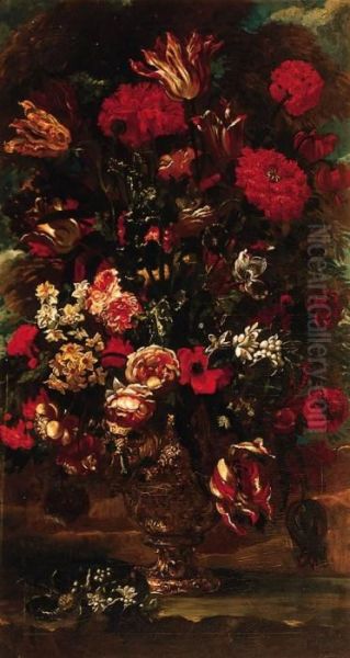 Flowers In A Sculpted Urn In A Landscape - view 1