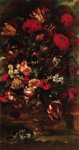 Flowers In A Sculpted Urn In A Landscape by Andrea Scaccati