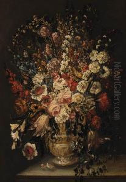 Roses, Carnations, Tulips, And Other Flowers In A Sculpted Urn On Aledge - view 1