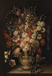Roses, Carnations, Tulips, And Other Flowers In A Sculpted Urn On Aledge by Andrea Scaccati