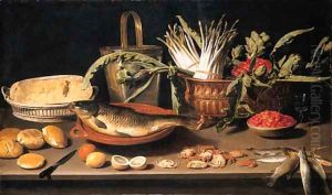 A fish on a terracotta platter with fruits, vegetables and a cheese by Jacob Fopsen van Es