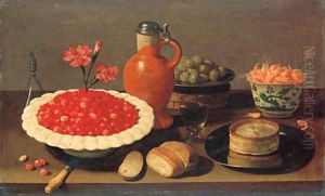 Wild strawberries in a porcelain bowl with carnations by Jacob Fopsen van Es