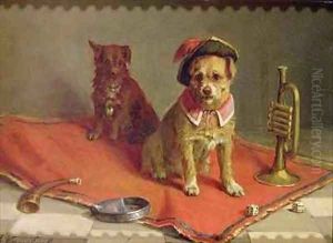 Dog in military hat and collar with trumpet and dice