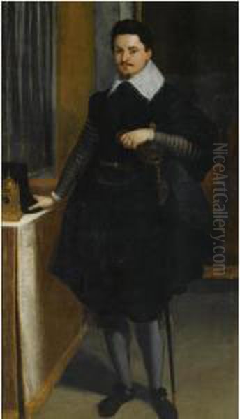 Portrait Of A Gentleman, Full-length, Standing Beside A Table With A Clock - view 1