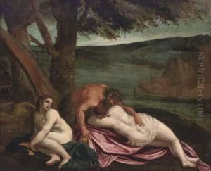 Two Nymphs With A Satyr On A River Bank by Ippolito Scarsella (see Scarsellino)