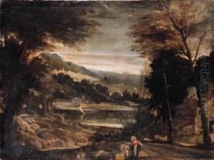 A Wooded Landscape With The Return From Egypt, A Sailing Boat On Alake Beyond