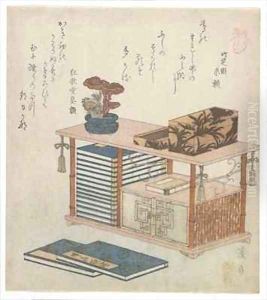 Surimono illustrating a book cabinet Edo period by Keisai Eisen