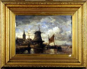 Village Portuaire Avec Moulin. by Hendrik Frans Schaefels