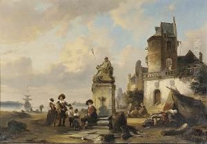 Elegant Figures Seated By A Fountain, A Harbour Beyond