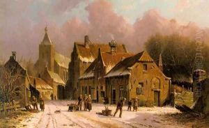 A Village In Winter by Adrianus Eversen