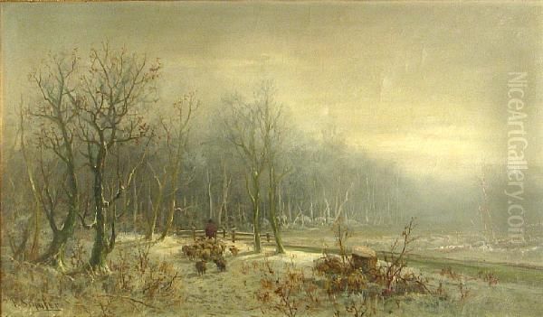 A Shepherd And His Flock In Winter - view 1