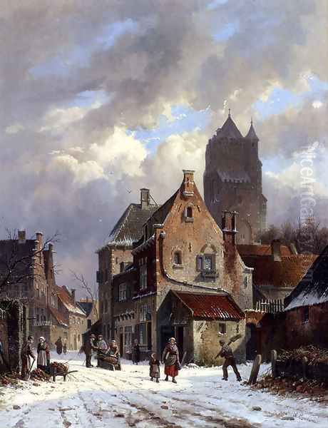 Figures In A Snowy Village Street - view 1