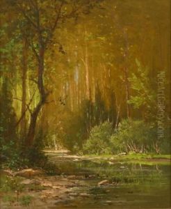 Wooded River Landscape S L/l: F. Schafer O/c 10x12 by Frederick Ferdinand Schafer