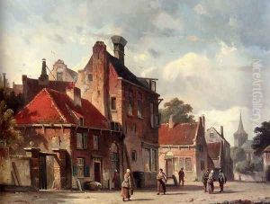 View Of a Town With Figures In A Sunlit Street by Adrianus Eversen