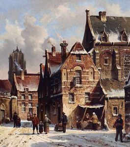 Figures In The Streets Of A Wintry Town by Adrianus Eversen