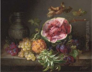 A Watermelon And Other Fruit By An Ornamental Ewer