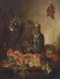 Grapes, Pomegranate, A Melon And A Stein On A Ledge With Otherfruit