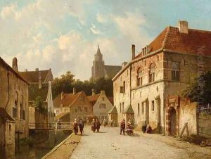 Figures Along a Canal in a Dutch Town by Adrianus Eversen