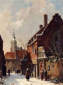 Figures In The Streets Of A Dutch Town In Winter by Adrianus Eversen