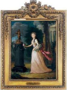 Young Lady With A Basket Of Flowers Next To A Sculpture Of Cupid by Jean-Frederic Schall