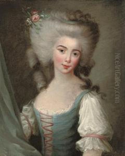 Portrait Of A Lady, Half-length, In A Blue Bodice With Pinkribbons, Flowers In Her Hair - view 1