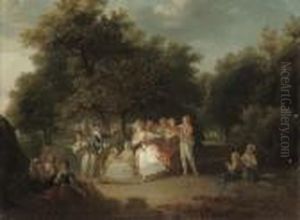 Elegant Company Playing Blind Man's Buff In A Woodedlandscape