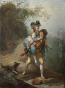A Young Gentleman Carrying A Lady Across A Stream, A Dog Following Behind