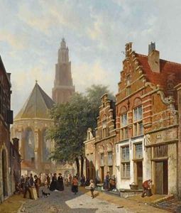 Elegant figures in a sunlit Dutch town by Adrianus Eversen