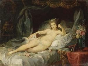 Femme Nue Se Reposant Sur Lit En Compagnie D'un Chien by Jean-Frederic Schall