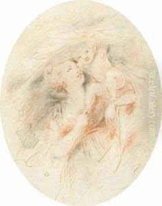 Sketch Of A Lady With A Child Sitting Upon Her Shoulder by Jean-Frederic Schall