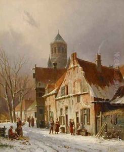 Dutch Street Scene in Winter by Adrianus Eversen