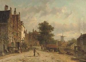 Daily activities on the Baangracht in Amsterdam with the windmill on the Brouwersgracht beyond by Adrianus Eversen