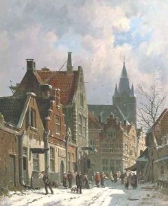 A busy street in Delft in winter by Adrianus Eversen