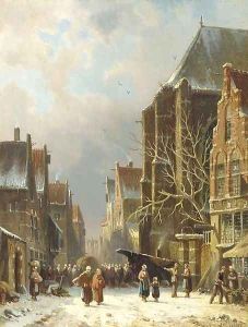 A busy street in winter by Adrianus Eversen