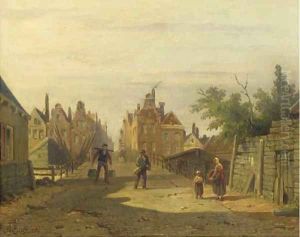 Figures on the bridge by the Bikkereiland, Amsterdam by Adrianus Eversen