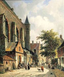 Straatje te Edam Townsfolk in a sunlit street