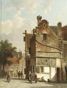 Townsfolk conversing on a sunlit square by Adrianus Eversen