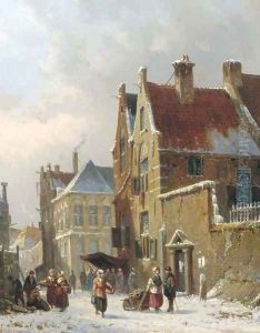 Townsfolk in a snow covered street by Adrianus Eversen