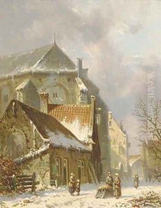 Villagers in a snowcovered street by Adrianus Eversen