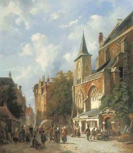 A bustling street by a church in a Dutch town by Adrianus Eversen