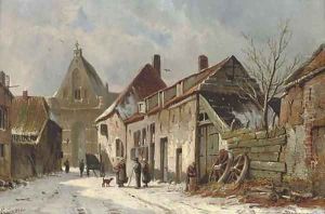 A Dutch street in winter by Adrianus Eversen
