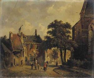 A town in summer with figures conversing